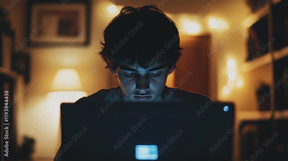 Poster A person in front of a laptop, with virus alerts and cybersecurity coding errors on the screen, highlighting the importance of digital security measures
