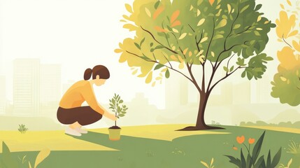 A person planting a tree in a green park, celebrating World Environment Day with an eco-friendly approach to nature conservation.