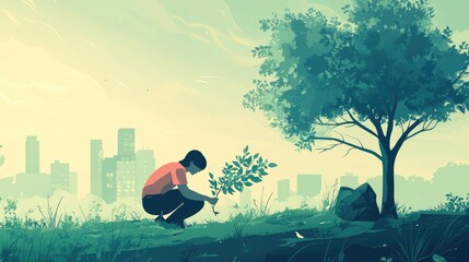 A person planting a tree in a green park, celebrating World Environment Day with an eco-friendly approach to nature conservation.