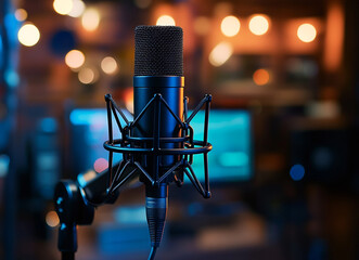 A Microphone With A Recording Broadcasting And Podcast Studio In A Bright Colourful Setting