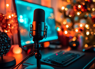 A Microphone With A Recording Broadcasting And Podcast Studio In A Bright Colourful Setting