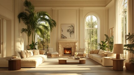 Sunlit Luxury Living Room Interior Design with Palm Trees