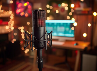 A Microphone With A Recording Broadcasting And Podcast Studio In A Bright Colourful Setting