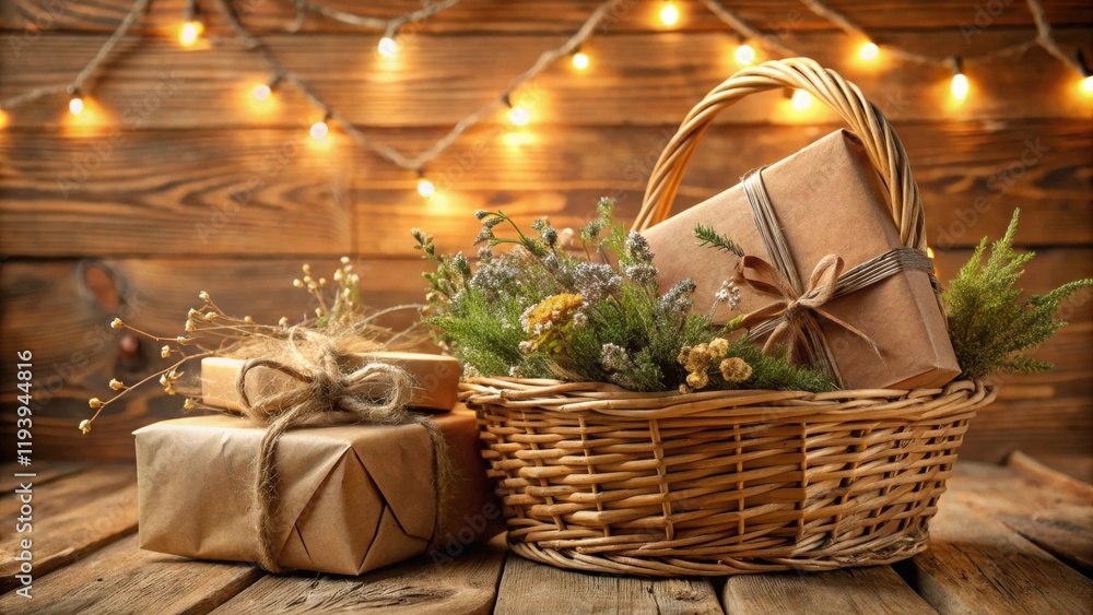 Poster rustic wooden background with wicker basket filled with gifts and dried flowers surrounded by string