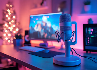 A Microphone With A Recording Broadcasting And Podcast Studio In A Bright Colourful Setting