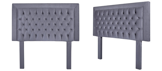 Elegant tufted upholstered headboard with nailhead trim in gray fabric. Isolated headboard