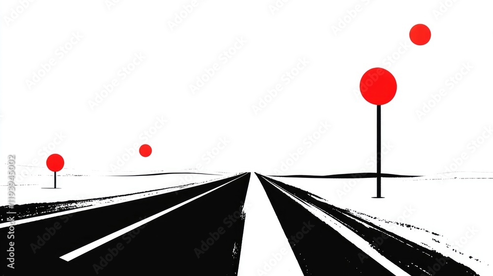 Poster A road with red location markers on a white backdrop, highlighting the idea of journey and direction.