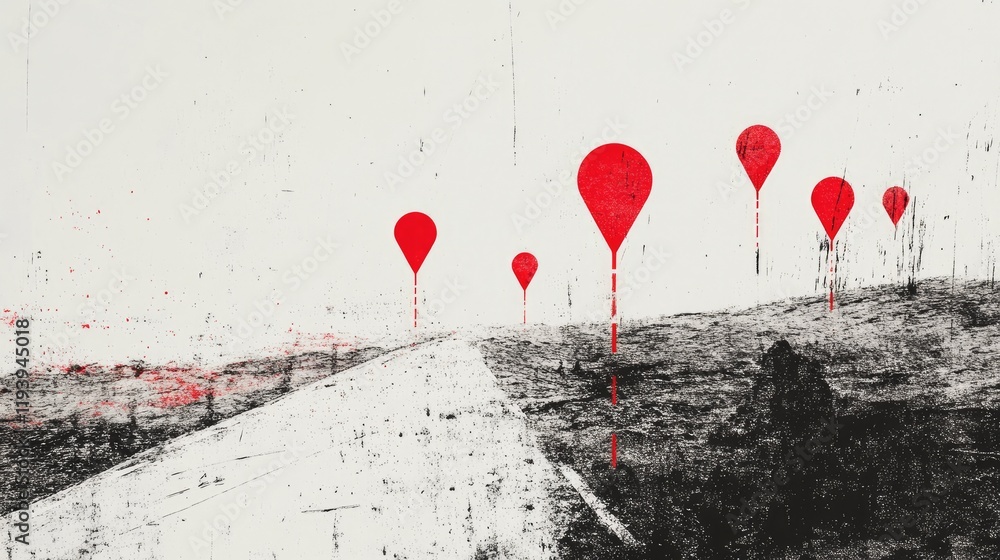 Poster a road with red location markers on a white backdrop, highlighting the idea of journey and direction