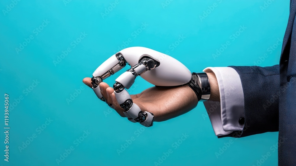 Poster a robot carefully holding a businessman in its hand against a soft blue gradient, symbolizing partne