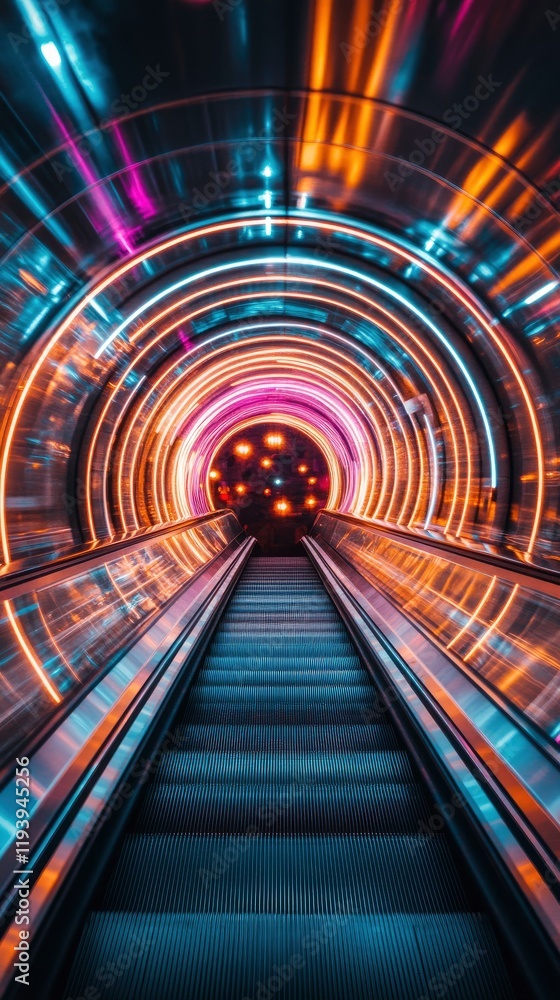 Poster captivating neon-lit escalator leading into a mesmerizing tunnel of lights, creating an immersive an