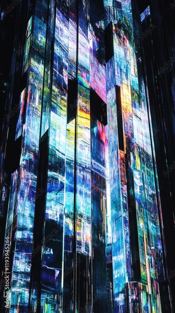 Poster a vibrant and abstract representation of a futuristic city with illuminated glass structures reflect