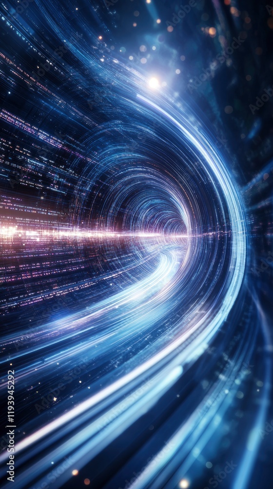 Poster futuristic abstract visualization of a warp tunnel with glowing light trails and digital data stream