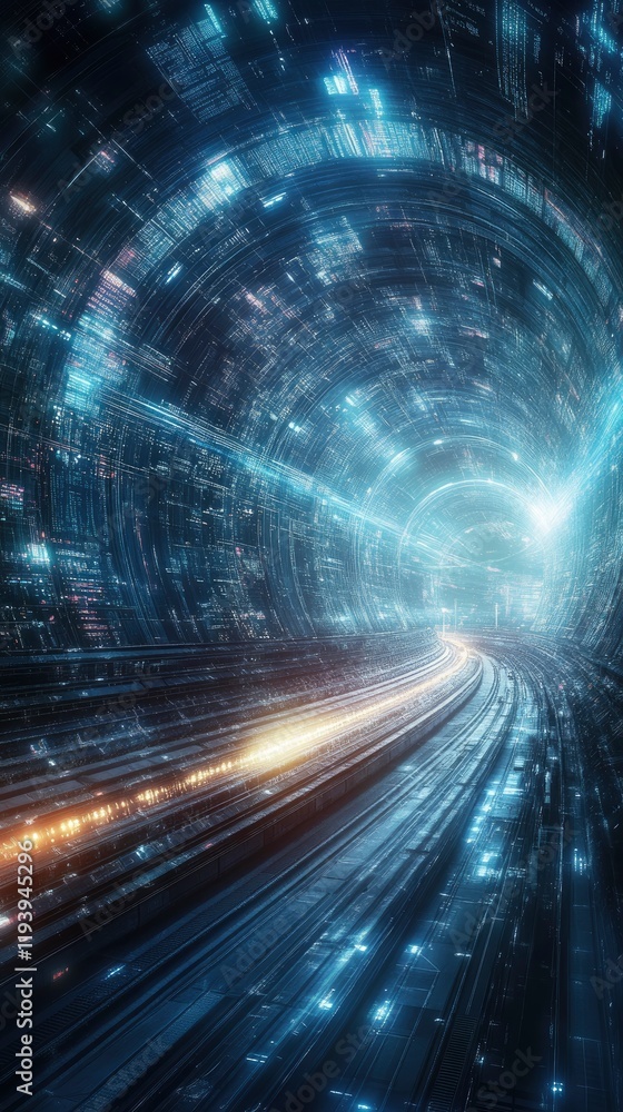 Poster a futuristic tunnel illuminated by vibrant lights showcasing a dynamic flow of energy and data throu