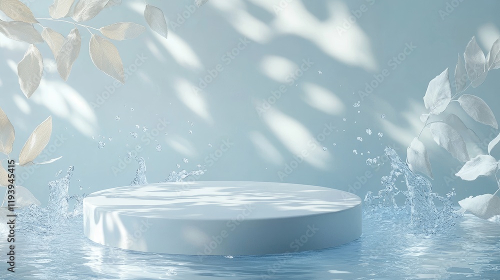 Poster a serene scene featuring a white round podium with soft leaf shadows and water splash effects on a l