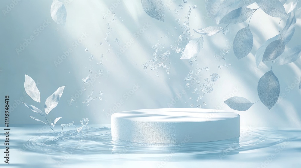 Poster a serene scene featuring a white round podium with soft leaf shadows and water splash effects on a l
