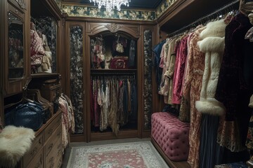 Fototapeta premium Opulent walk-in closet filled with vintage clothing, luxurious fabrics, and antique furniture. Perfect for fashion, luxury, and lifestyle projects showcasing high-end style.