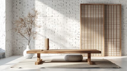 Interior of modern living room with white brick wall and wooden table