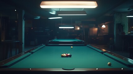 Dark Room Pool Table Billiards Game Setup