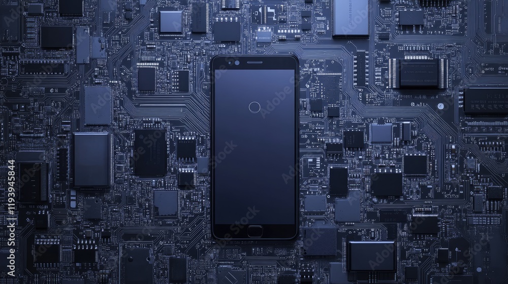 Poster A sleek and elegant blueprint of a smartphone, placed on a circuit board, capturing technical precision, timeless design, and modern minimalism.