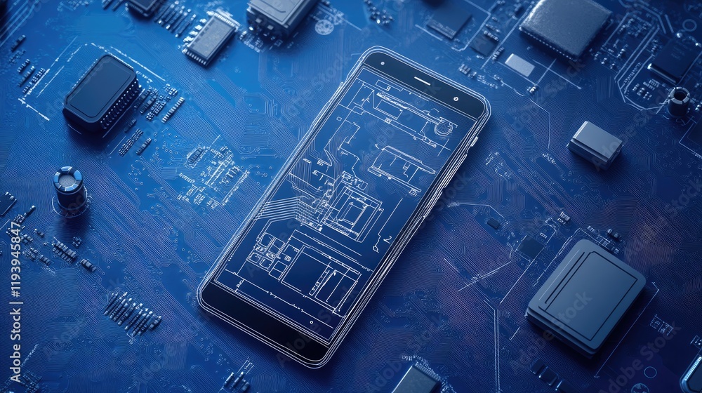 Poster A sleek and elegant blueprint of a smartphone, placed on a circuit board, capturing technical precision, timeless design, and modern minimalism.