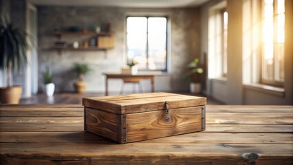 Fototapeta premium Rustic Wooden Box on a Table in a Sunlit Room with Blurred Background