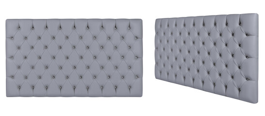 Elegant tufted upholstered headboard with nailhead trim in gray fabric. Isolated headboard