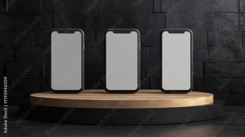 Poster a sleek mockup with three smartphones on wooden podiums, each with a blank screen, displayed against