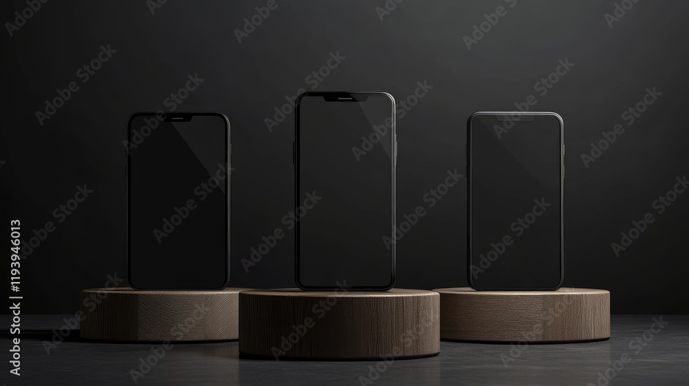 Poster a sleek mockup with three smartphones on wooden podiums, each with a blank screen, displayed against