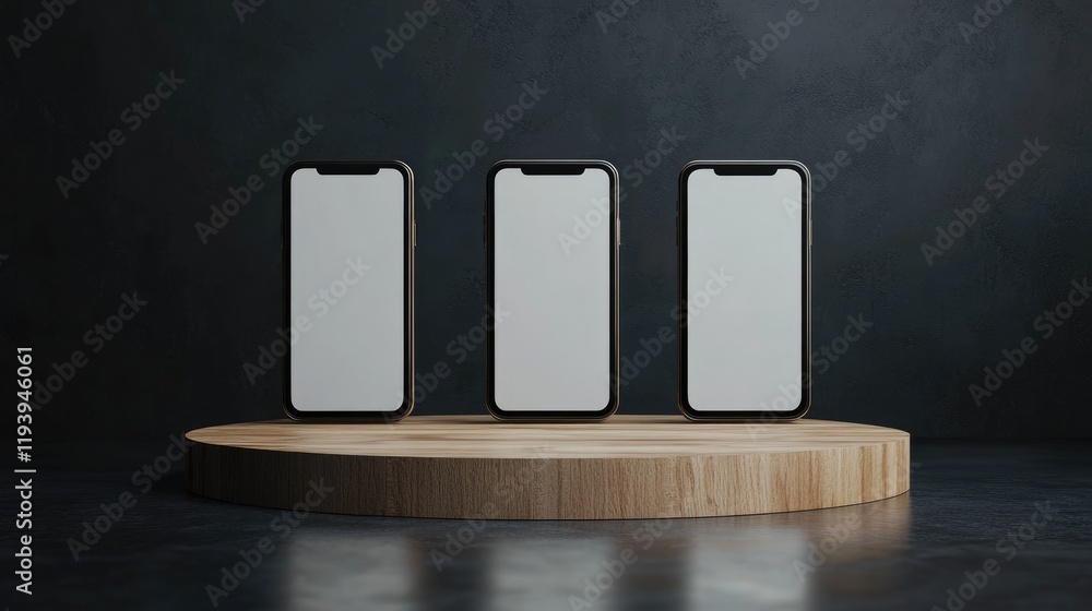 Poster a sleek mockup with three smartphones on wooden podiums, each with a blank screen, displayed against