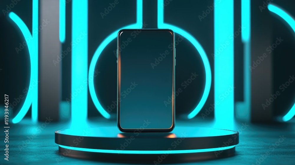 Poster A sleek vertical smartphone with a blank display on a podium, highlighted by glowing teal circular elements and a futuristic background
