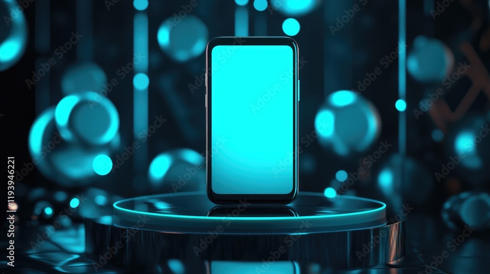 Aufkleber a sleek vertical smartphone with a blank display on a podium, highlighted by glowing teal circular e