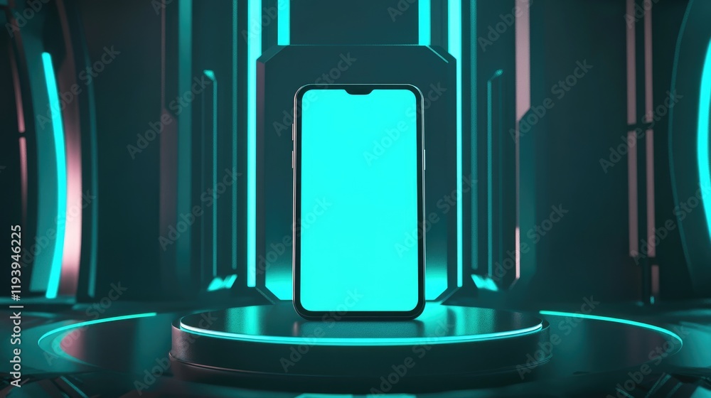 Aufkleber a sleek vertical smartphone with a blank display on a podium, highlighted by glowing teal circular e