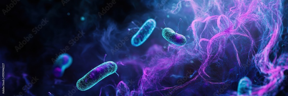 Poster glowing bacteria captured under ultraviolet light showcasing vibrant fluorescence and intricate deta