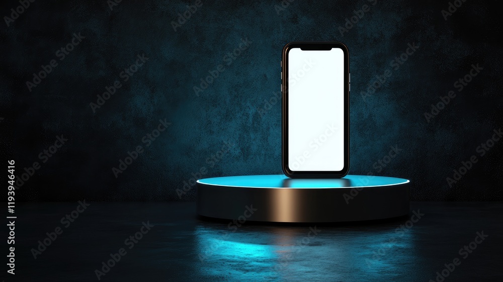 Poster a smartphone on an illuminated pedestal with a blank screen, contrasted by a dark background, emphas