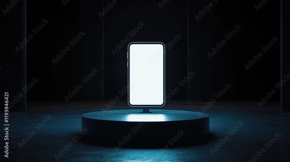 Poster a smartphone on an illuminated pedestal with a blank screen, contrasted by a dark background, emphas