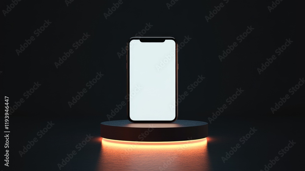 Poster a smartphone resting on an illuminated pedestal, with a blank screen, against a sleek dark backgroun