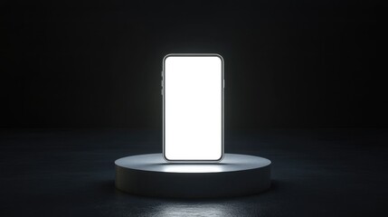 A smartphone with a blank screen on an illuminated pedestal, set against a dark background, symbolizing modern technology and digital innovation