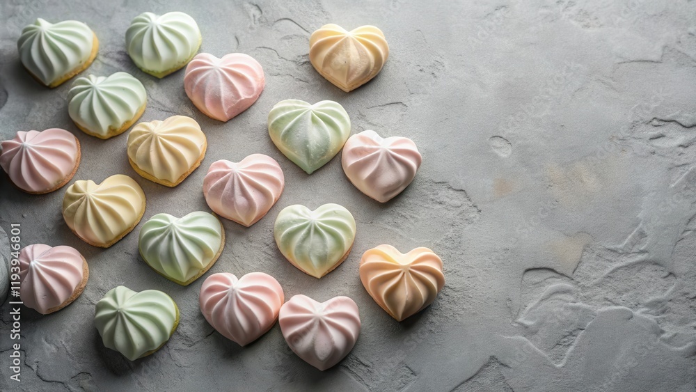 Poster pastel heart-shaped confections arranged on a textured surface