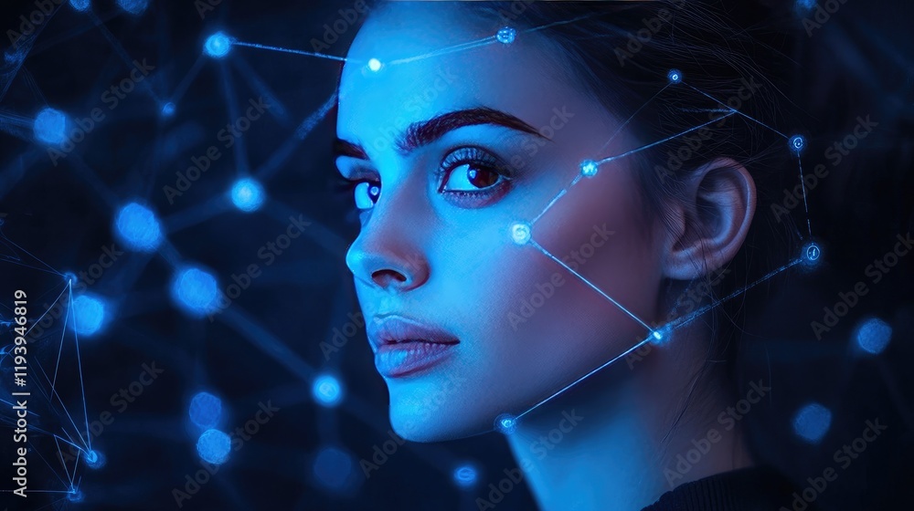 Poster A social network concept with digital graphic user symbols connected by lines, set on an abstract dark blue background, representing digital connectivity