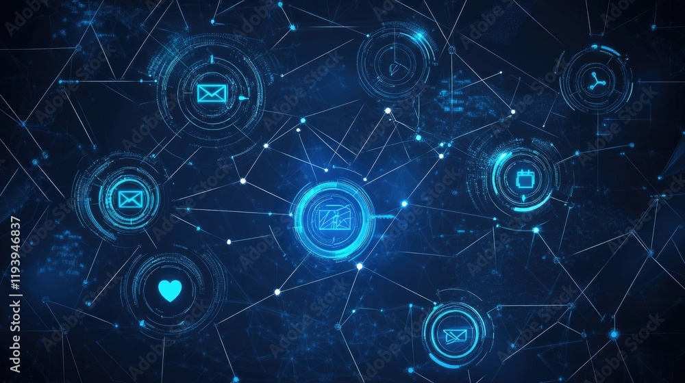 Poster a social network concept with digital graphic user symbols connected by lines, set on an abstract da