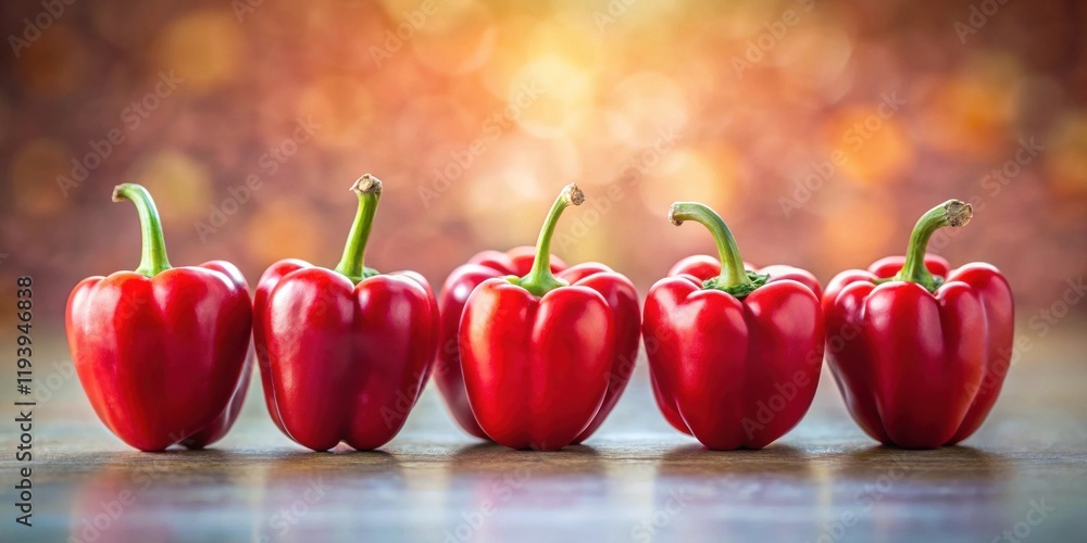 Poster four vibrant red bell peppers arranged in a row on a wooden surface against a blurred background