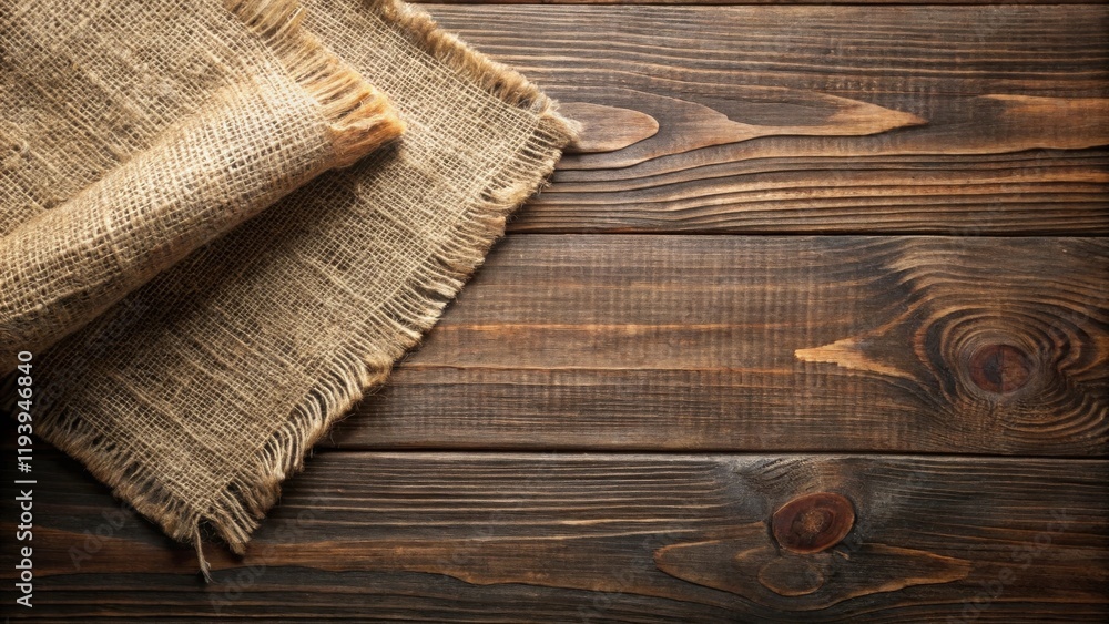 Aufkleber Rustic Burlap Fabric on Dark Wooden Background A Textured Image for Design Projects