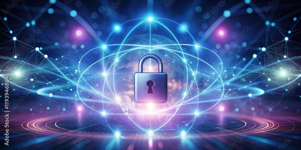 Poster global network security padlock symbol encircling a planet within a futuristic digital landscape