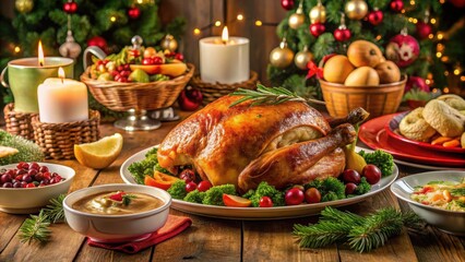 Traditional German Christmas table with roasted turkey