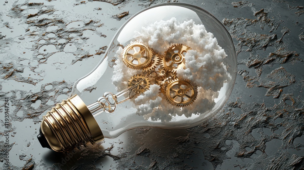 Poster ingenious idea: gears and clouds in a lightbulb