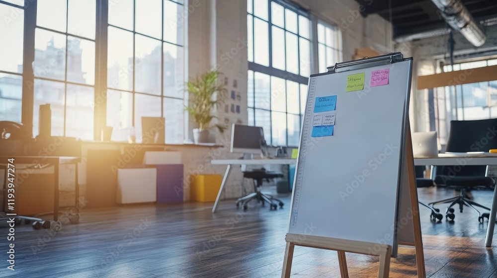 Poster a spacious office with a flip chart and sticky notes, featuring a creative workspace with a modern l