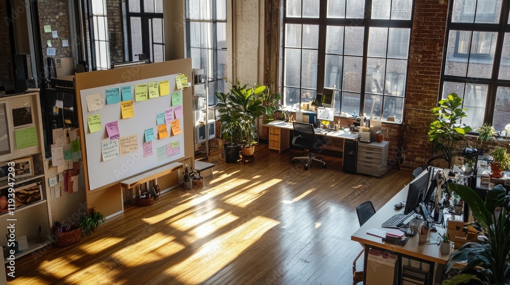 Poster A spacious office with a flip chart and sticky notes, featuring a creative workspace with a modern loft style, large windows, and wooden floors.