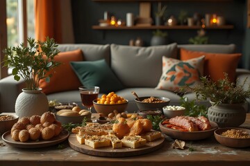 Stylish living room with ramadhan kareem oranments and food in the wooden table with copy space. Ramadhan kareem and moslem culture concepts