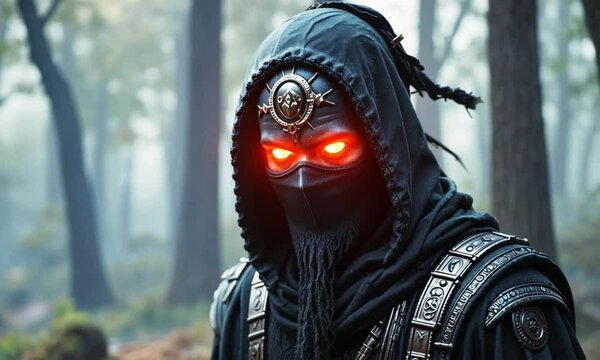 a ninja in the forest with red eyes