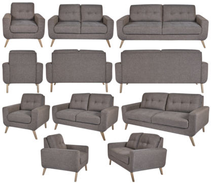 Modern brown upholstered sofa and armchair set, isolated on white